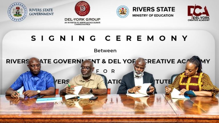 "(L to R) Hon. Commissioner for Education Dr. Ovy Chinedum Chukwuma, Hon. Attorney General Dagogo Israel Iboroma SAN, and Mr. Ikenna Oguike, Chief Operations Officer of Del-York Group, standing together at the signing ceremony for the Rivers State Del-York Vocational & Creative Institute."